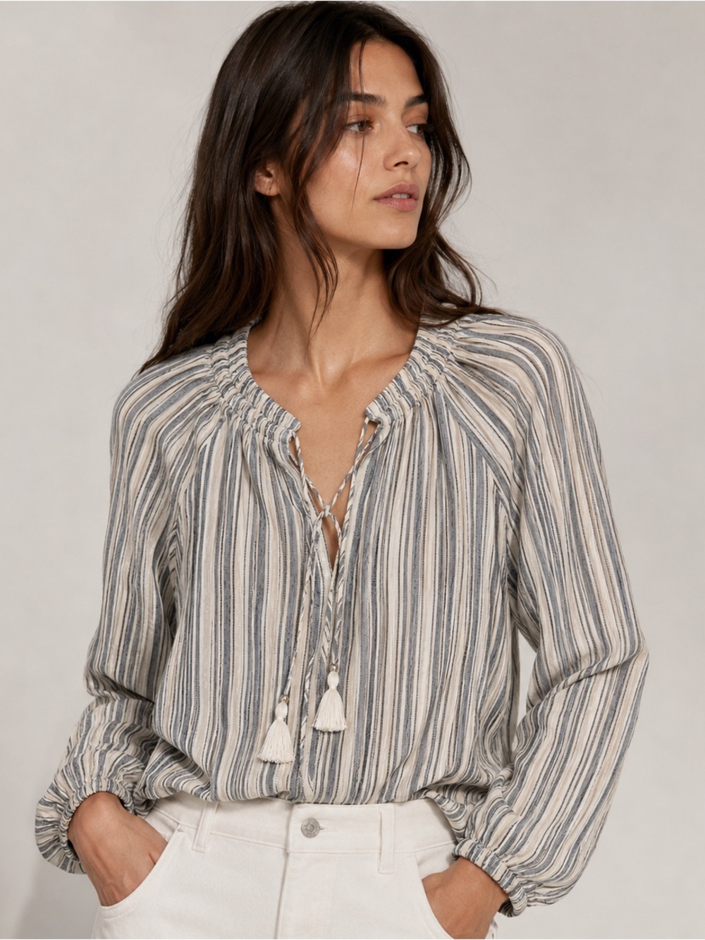PAIGE Karra long-sleeve striped lace-up blouse with tassels size XS